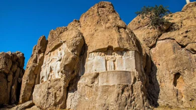 Reliefs of Ardashir I the Great Bahram II and the ancient Elamite relief, Naqsh e Rostam, Rock Tombs of the Great Kings, Naqsh e Rostam, Iran, Asia